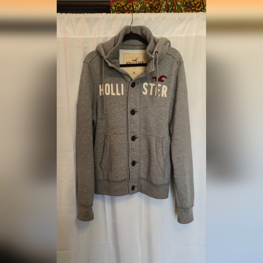 Rare Thick Collar Hollister Gray Button Up Hooded Sweatshirt XL
